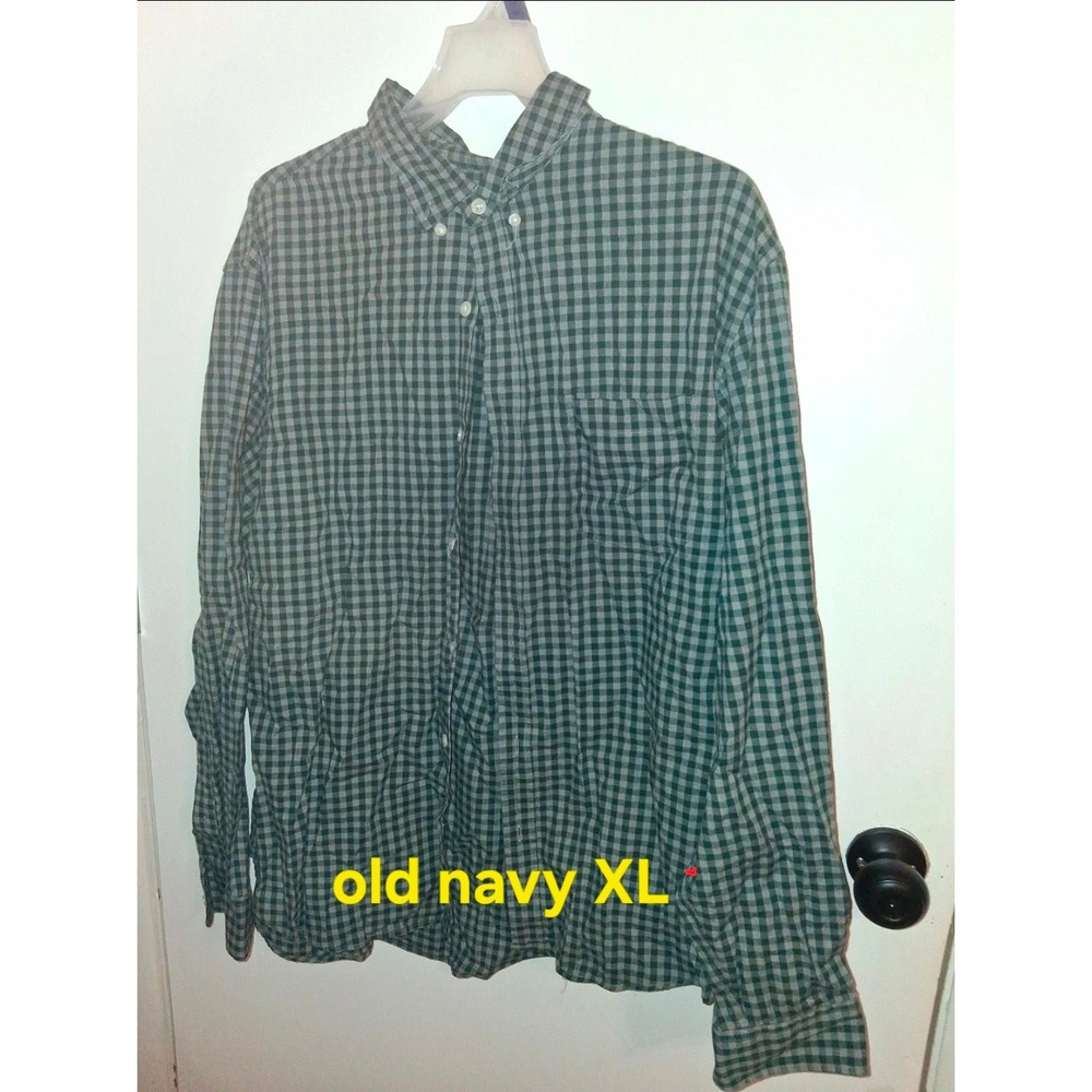 Old Navy Mens XL Everyday Shirt Green Gingham Plaid Long Sleeve Button Down Flex